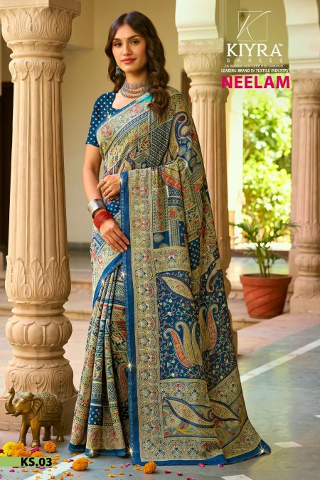 Neelam By Kiyra Dull Moss Foil With Seroski Border Saree